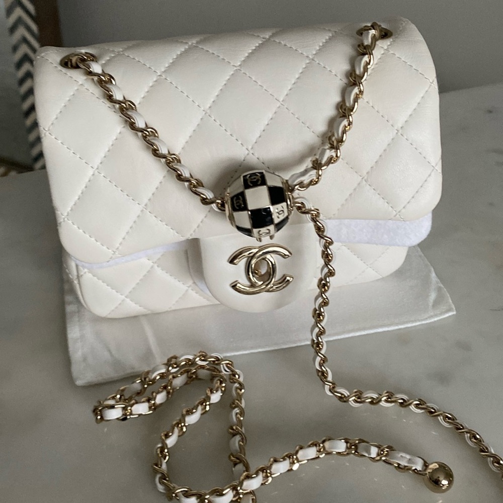 Rare -Chanel Pearl Crush Mini Square Flap Bag White Lambskin Light Gold Hardware